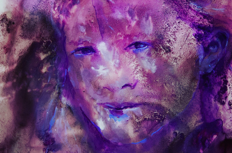 Painting of a woman's face using purple, blue, white paint.