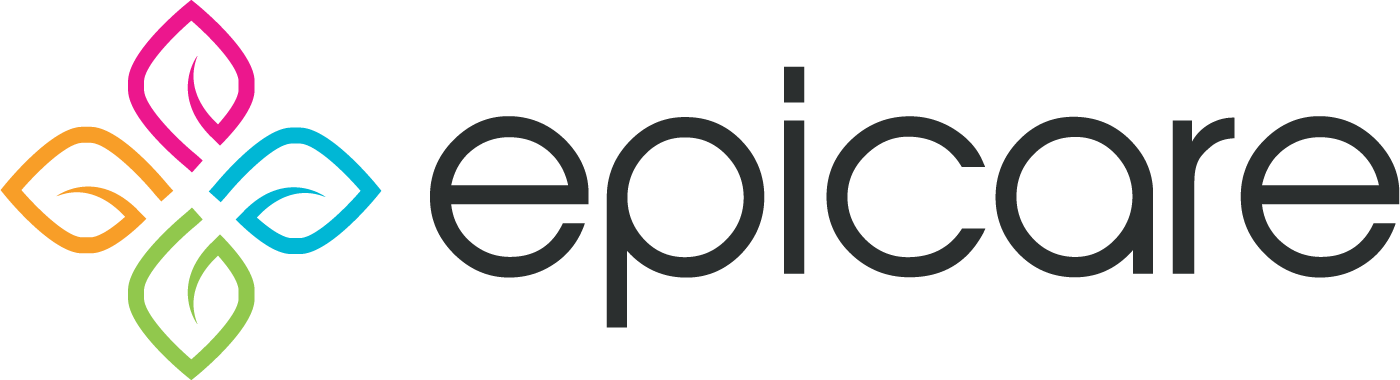 EPICare Logo. Four point flower with petals in pink, blue, green and orange
