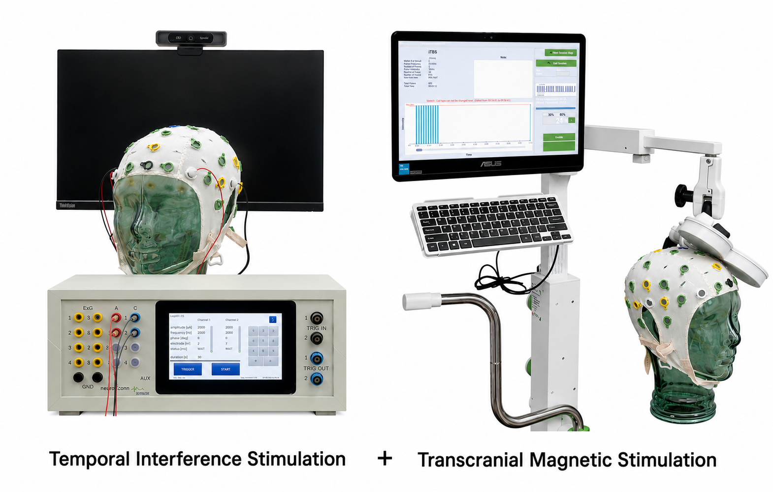 TITAN-D tools. Computer screens, caps with nodes that transfer data from the brain to the computers