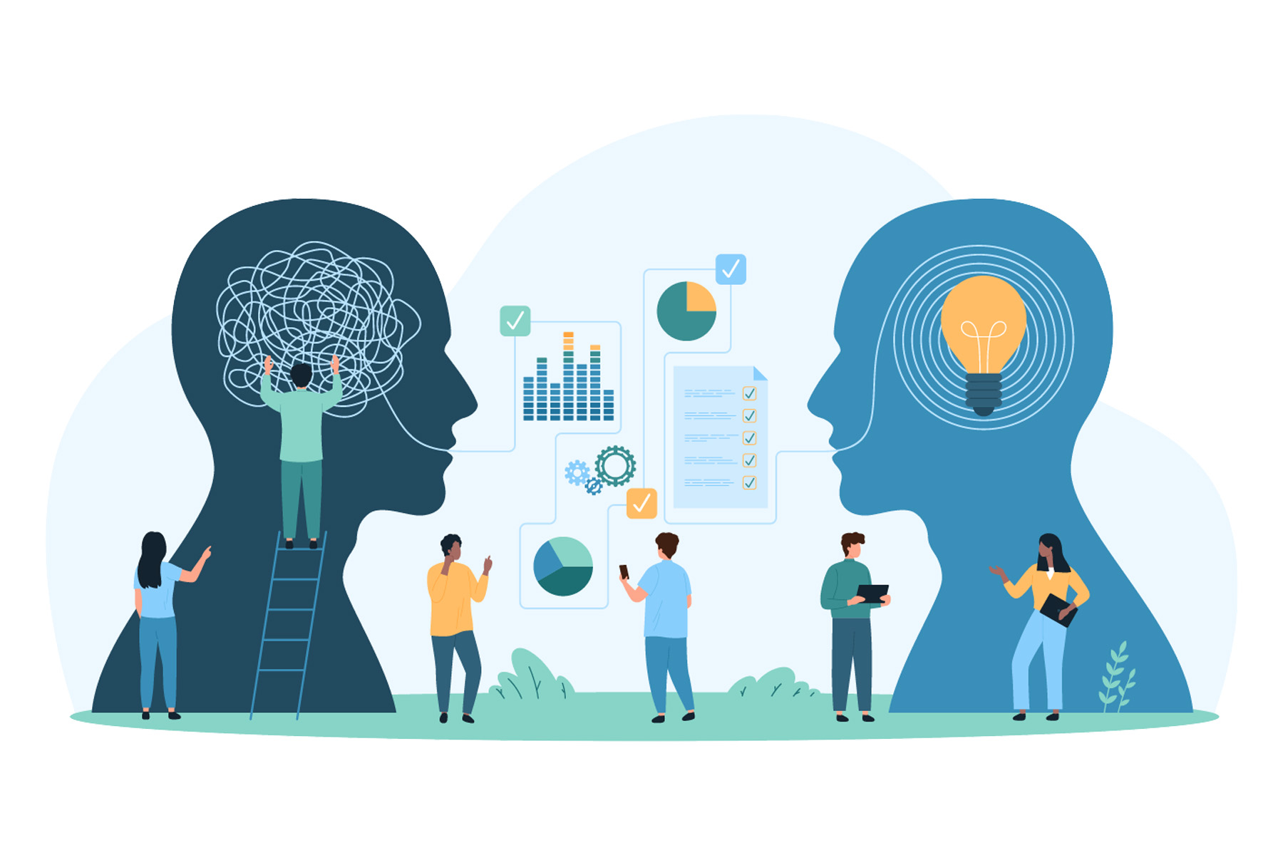 Epicare graphic, people working in-front of two outlines of heads - one with a scribble inside and one with a lightbulb inside, with graphs and charts around