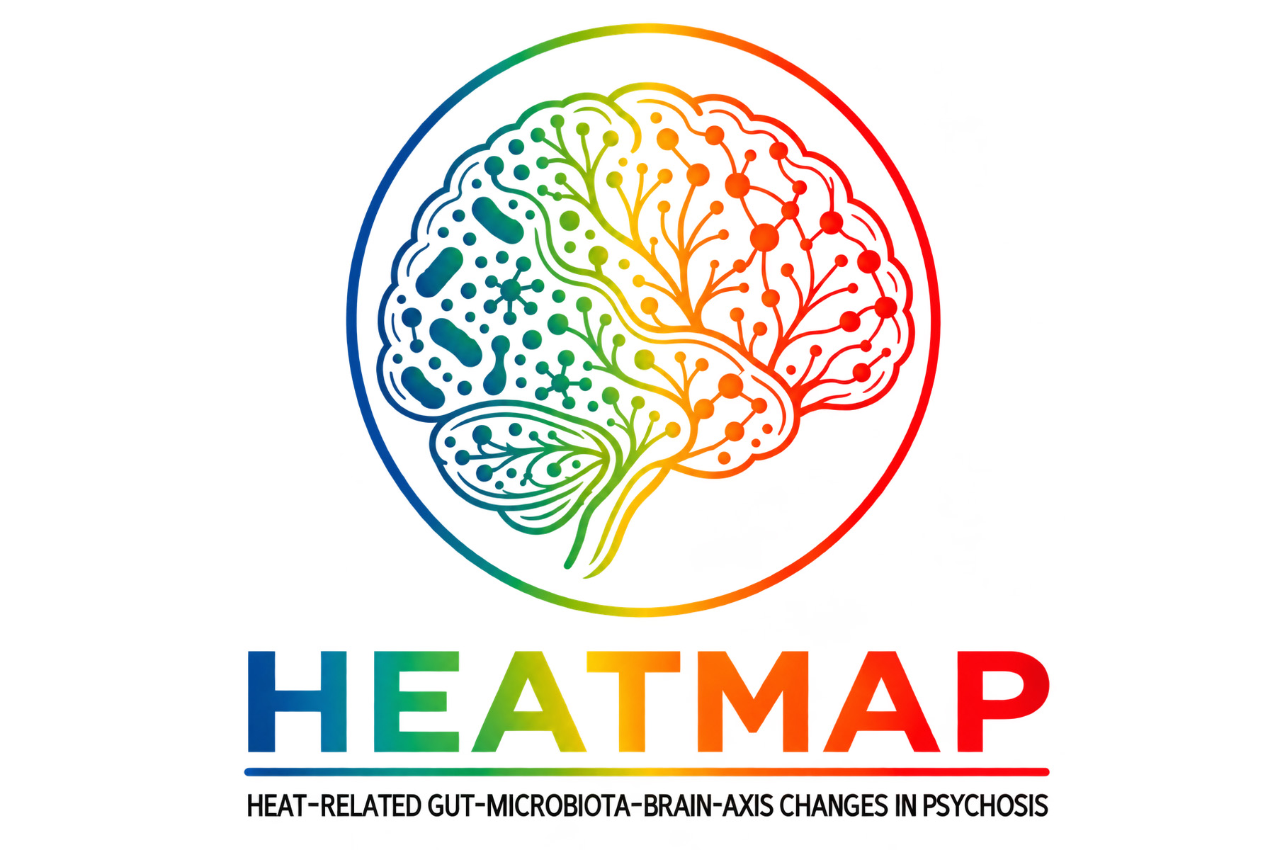 HEATMAP logo. Rainbow coloured brain in a circle. Heat related gut-microbiota-brain axis changes in psychosis