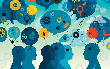 Graphic illustration of heads with speech bubbles and cogs