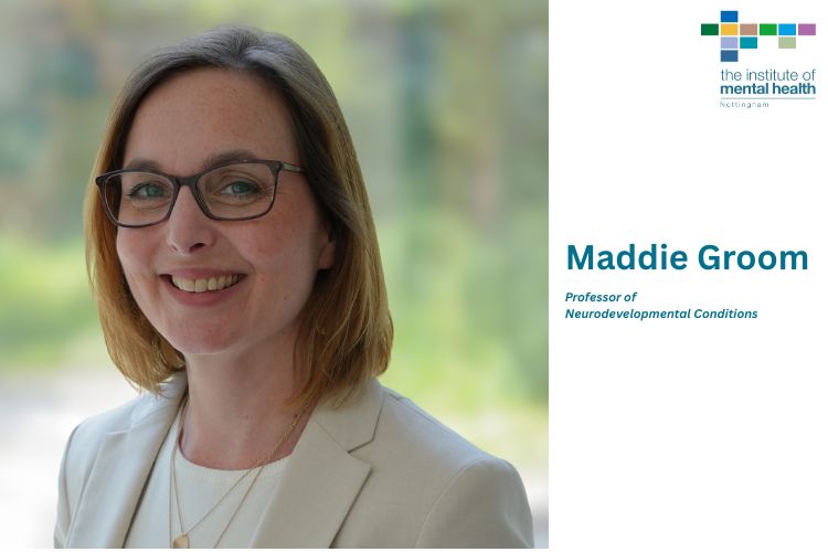 A person wearing glasses (Maddie Groom) smiles at the camera. Text to the left reads Maddie Groom, Professor of Neurodevelopmental Conditions
