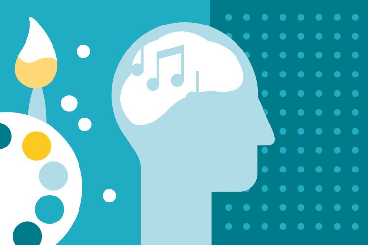 Institute of Mental Health centre for Dementia illustration. Blue outline of a head with music notes inside, next to a painting palette.