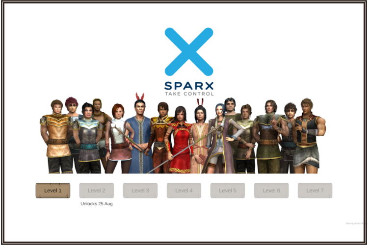 A group of young people in medieval costume are standing in a row against a white background. Above them is a large blue x and the word sparx