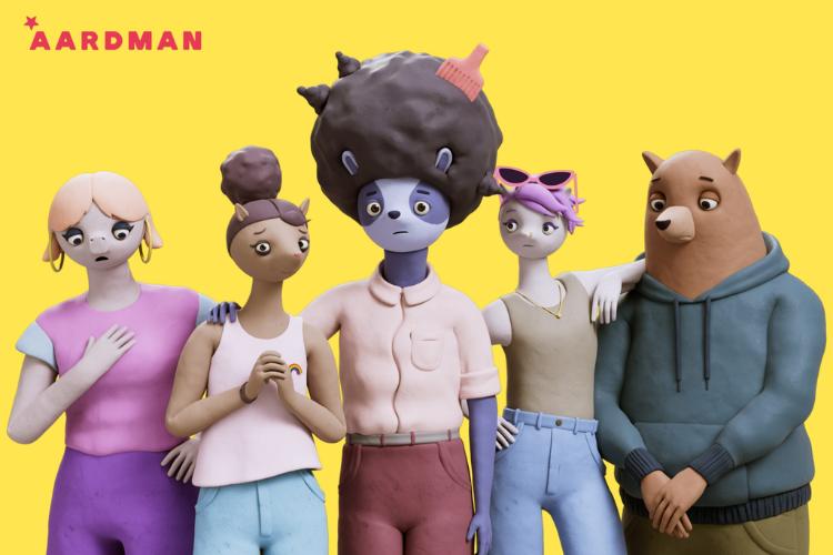 Five animated figures stand in a row against a yellow background. They're animals dressed as humans