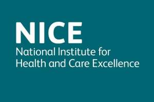 white text on a teal blue background that reads NICE, National Institute for Health and Care Excellence