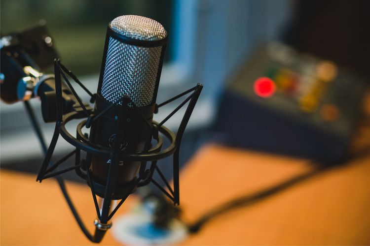 A picture of a microphone in sharp focus, with a blurred background