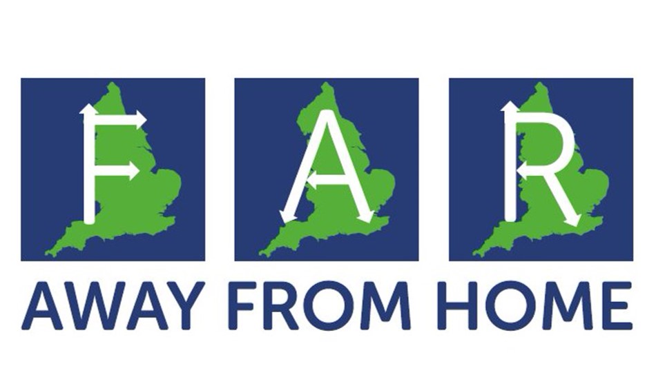 Far Away from Home Study logo. Letters F A R over outline of England