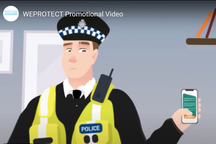 a still from an animated video shows a male police officer holding up a mobile phone